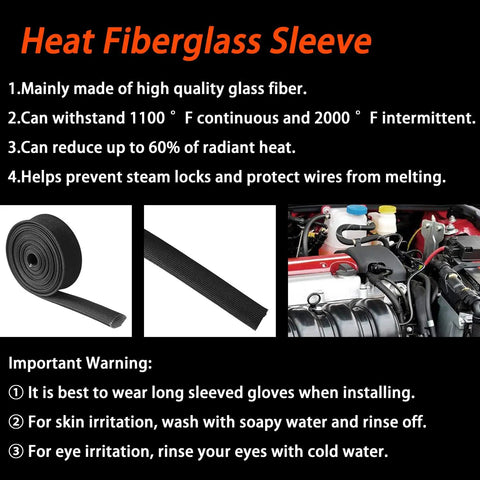 Heat Resistant Fiberglass Shield Sleeve For Car Wires And Hoses, 16 Feet Long, 20mm Inner Diameter, product details and warnings.