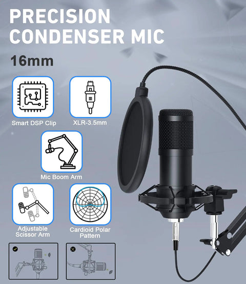 Two Microphones Podcast Kit With Soundboard For Beginners Plug And Play Setup For Iphone Laptop And PC condenser mic shown