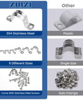 Rugged Pipe Strap Clamp Kit 60 Pcs with Screws 304 Stainless Two Hole U Brackets shown in various sizes and screws