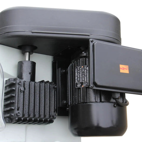 Close-up of motor and hydraulic feed mechanism on 9 Inch Metal Horizontal Band Saw With 9x12 Inch Rectangular Cutting Capacity, Dual Voltage 4 Speed Hydraulic Feed And Coolant System For Carbon Steel To Nonferrous Metals, Model BS912B.