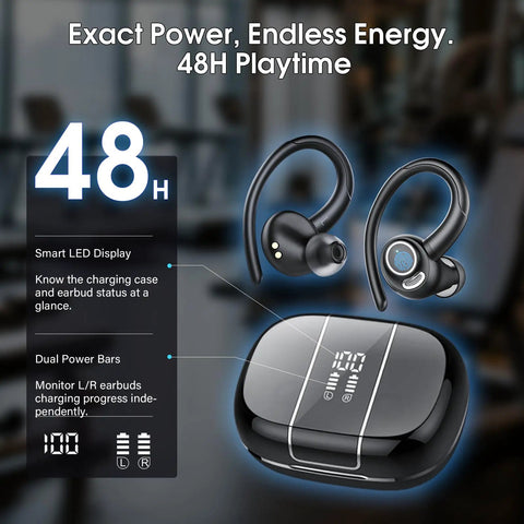 Bluetooth 5.3 Wireless Earbuds With ENC Microphone Deep Bass IPX7 Waterproof 48 Hour Playtime Secure Earhooks LED Display