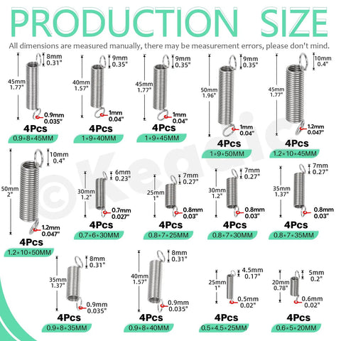 100Pcs Stainless Steel Extension Spring Kit In 25 Sizes, 0.3mm To 1.2mm Wire Diameters, size chart with dimensions
