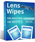 Anti-Fog Lens Wipes box with blue gradient, 160 pre-moistened wipes for glasses and goggles.
