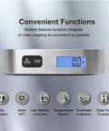 Front view of Hassle Free Travel Luggage Scale Portable Digital Hanging Baggage Scale With 110 Lb Capacity Lightweight Suitcase Weight Scale Battery Included Silver showing LCD display.
