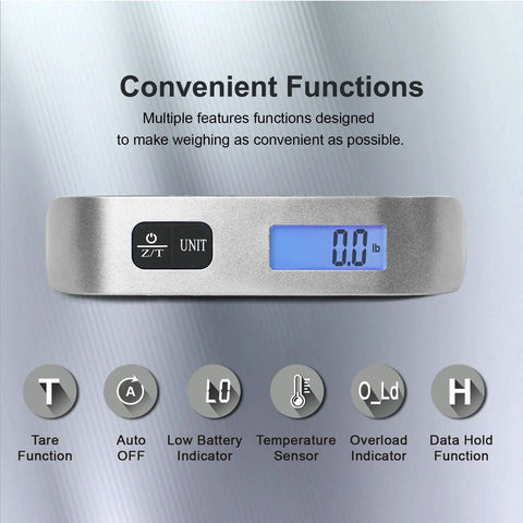 Front view of Hassle Free Travel Luggage Scale Portable Digital Hanging Baggage Scale With 110 Lb Capacity Lightweight Suitcase Weight Scale Battery Included Silver showing LCD display.