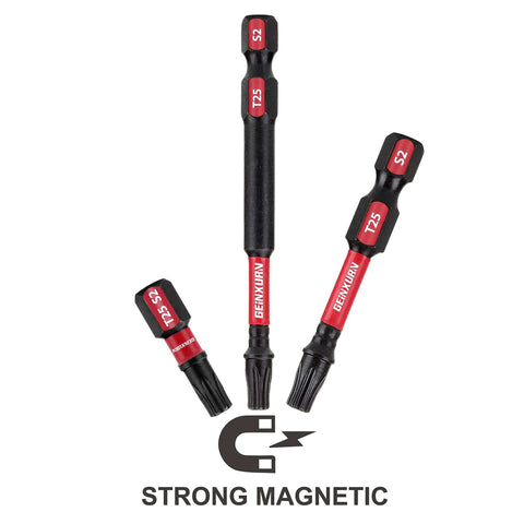 Three GENXURN 2-in magnetic T25 Torx bits set; S2 alloy steel, red and black, front view