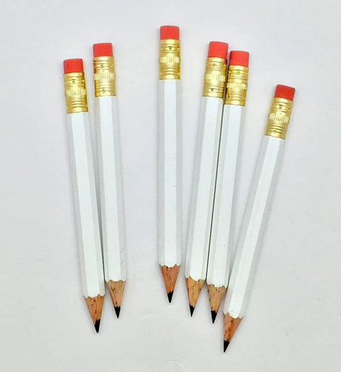 Half Pencils With Eraser For Golf And Pew Use, short white hexagonal pencil, number two HB graphite lead, latex free eraser