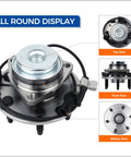 Front Wheel Hub And Bearing Assembly For 2002 To 2006 Cadillac Escalade And Chevy Avalanche Express Suburban 1500 2500 GMC Savana Yukon XL 1500 RWD Replacement Wheel Hub Kit With Durable Bearings And Easy Install showing top, front, bottom views.
