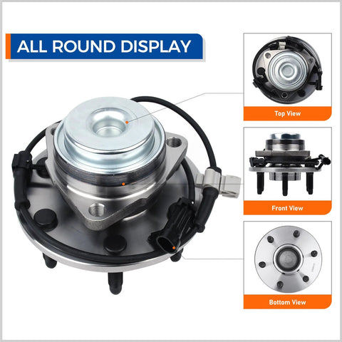 Front Wheel Hub And Bearing Assembly For 2002 To 2006 Cadillac Escalade And Chevy Avalanche Express Suburban 1500 2500 GMC Savana Yukon XL 1500 RWD Replacement Wheel Hub Kit With Durable Bearings And Easy Install showing top, front, bottom views.