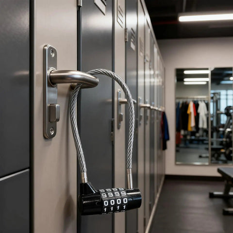 Heavy Duty 4 Digit Combo Cable Lock With Resettable Braided Steel Wire And Smooth Protective Jacket secured on a locker.