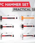 Six-Piece Rubber Mallet Hammer Set With Dead-Blow, Sledge, Stoning, Ball Peen And Claw, Pro-Grade Anti-Vibration Fiberglass Handles