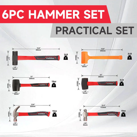 Six-Piece Rubber Mallet Hammer Set With Dead-Blow, Sledge, Stoning, Ball Peen And Claw, Pro-Grade Anti-Vibration Fiberglass Handles