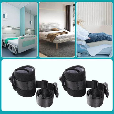 4-Piece Medical Restraint System For Senior Care, black ankle and wrist straps with hospital bed safety setup, adjustable fit