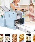 Hella Fast Automatic Dumpling Skin Maker Whips Up Ravioli Sheets And Pasta Dough Presser, compact design in blue, 60mm stamp used in kitchen.