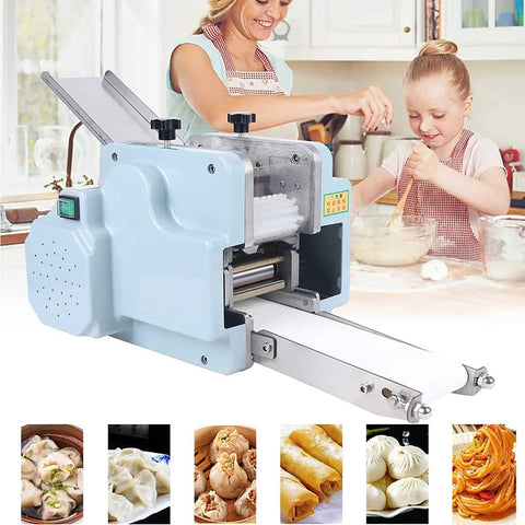 Hella Fast Automatic Dumpling Skin Maker Whips Up Ravioli Sheets And Pasta Dough Presser, compact design in blue, 60mm stamp used in kitchen.