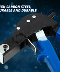Expansion Screw Petal Nut And Metal Setting Tool Set With 46 Pieces Including 45 Petal Shaped Nuts In Three Sizes, Each Size 15 Pieces, And One Wall Anchor Gun For Hollow Walls Plasterboard Drywall Pressboard Hardboard Steel Zinc Plate showing close-up of metal setting tool and blue handle.