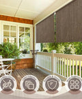 Outdoor Cordless Roller Sun Shade 6 Foot Wide By 8 Foot High Mocha For Patio Porch Pergola Balcony Backyard Privacy With 90 Percent UV Protection Windproof And Rainproof Shade Cloth installed on porch for sun protection.