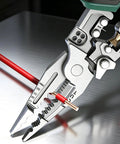 Premium Rigid Solid Steel Wire Stripper Tool With Built In Voltage Tester, 8.7 inch pliers in action stripping insulation from wire.