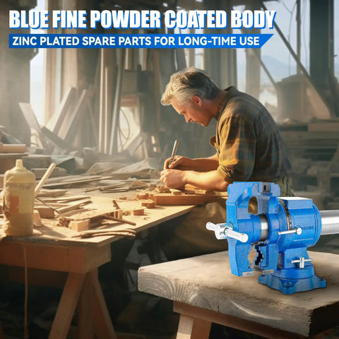 Heavy Duty 5 Inch Bench Vise With Ductile Iron Body 360 Degree Swivel Anvil 4000 Kg Clamp Blue Finish Multipurpose Workbench Vise in use