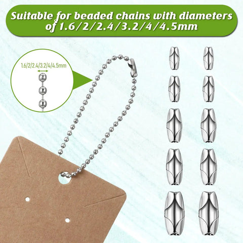 50 Pcs Silver Tone Stainless Steel Ball Chain Connectors And Clasps Set For 4.5mm Ball Chain Ideal For Blinds Pull Cords Roman Shades Jewelry Making Craft Clips And DIY Projects Five Size Options displayed with chain and card