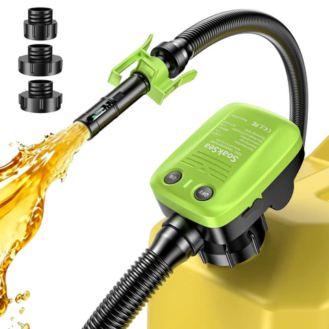 Rechargeable Fuel Transfer Pump With 6000mAh Battery, 3.2 GPM High Speed, green pump with hose and three adapters