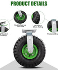 Heavy Duty 10 Inch Pneumatic Caster Wheels With Killer Knobby Tread, Four Piece Kit Including Two Swivel And Two Rigid Casters, Massive 661 Pound Weight Rating For Utility Carts And Tool Chests, Moves Like Butter close-up view of a caster wheel showcasing green hub and thick rubber tread.