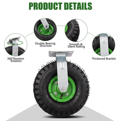 Heavy Duty 10 Inch Pneumatic Caster Wheels With Killer Knobby Tread, Four Piece Kit Including Two Swivel And Two Rigid Casters, Massive 661 Pound Weight Rating For Utility Carts And Tool Chests, Moves Like Butter close-up view of a caster wheel showcasing green hub and thick rubber tread.