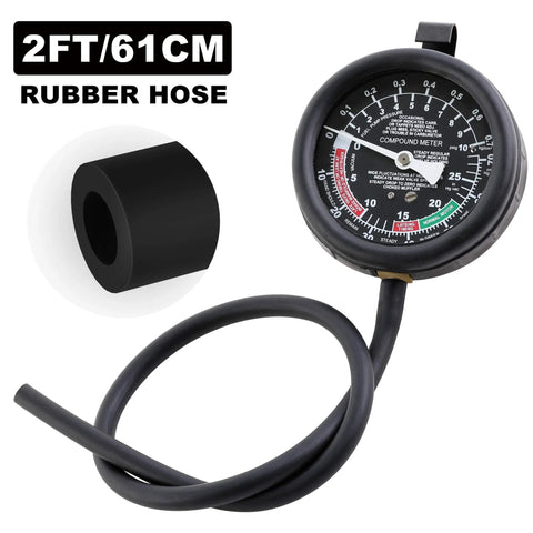 Hromee automotive fuel pump and vacuum tester gauge with 2 ft black rubber hose for carburetor diagnostics.
