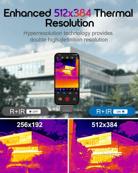Thermal Imaging Camera For iPhone And Android With 512x384 IR Resolution And USB C showing enhanced thermal images on screen.