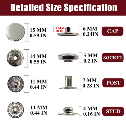 Detailed size specifications of Premium Brass Metal Snap Buttons Fastener Kit With Heavy Duty Tools Silver 15mm.