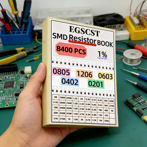 Hand holding 8400Pcs SMD Resistor Kit From 0 Ohm To 1M Ohm 1% Tolerance In 0805 1206 0603 0402 0201 Sizes box
