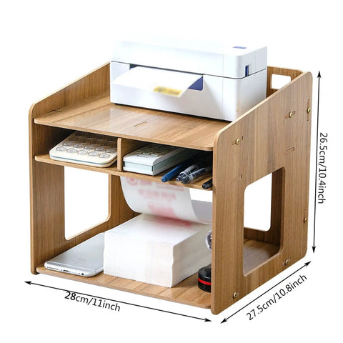 Heavy Duty Wooden Printer Stand For Desktop Slick Two Tier Workspace Organizer With Paper File Storage Eco Friendly Desk Riser in use.