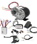 Heavy Duty 24V 450W Brushed Gear Motor Kit With Controller, throttle, brake levers, and wiring harness for ebikes, go karts, trikes.