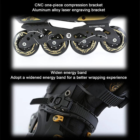 Men Inline Skates With Light Up Four Wheels, detailed view of aluminum alloy bracket and energy band adjustment for stability