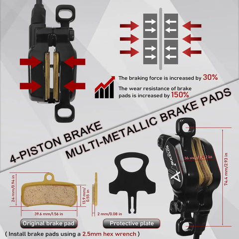 Four Piston Hydraulic Disc Brake Set For Mountain Bikes And Ebikes with multi-metallic brake pads, 4-piston design