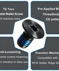T5 Torx metal wallet screw made from 304 stainless steel, features blue threadlocker for anti-loosening use.