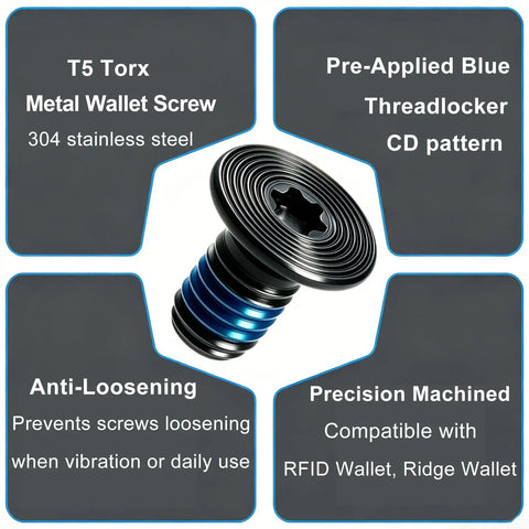 T5 Torx metal wallet screw made from 304 stainless steel, features blue threadlocker for anti-loosening use.