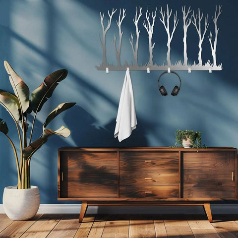 Rustic Winter Tree Grove Metal Wall Hooks, Minimalist Branch Design Coat Rack with towel and headphones in modern entryway
