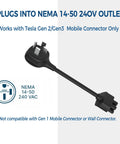 Premium Nema 14-50 Adapter For Tesla Gen 2 And Gen 3 Mobile Connector 32 Amp 240 Volt Portable EV Charging Cable 10 Inch shown plugged into NEMA outlet.