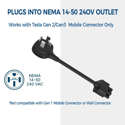 Premium Nema 14-50 Adapter For Tesla Gen 2 And Gen 3 Mobile Connector 32 Amp 240 Volt Portable EV Charging Cable 10 Inch shown plugged into NEMA outlet.