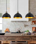 Mini Black Pendant Light With Gold Interior Finish 3 Pack 9.84 Inch Dome Farmhouse Style Retro Industrial Pendant Lamps