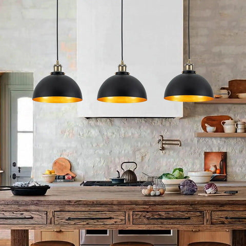 Mini Black Pendant Light With Gold Interior Finish 3 Pack 9.84 Inch Dome Farmhouse Style Retro Industrial Pendant Lamps