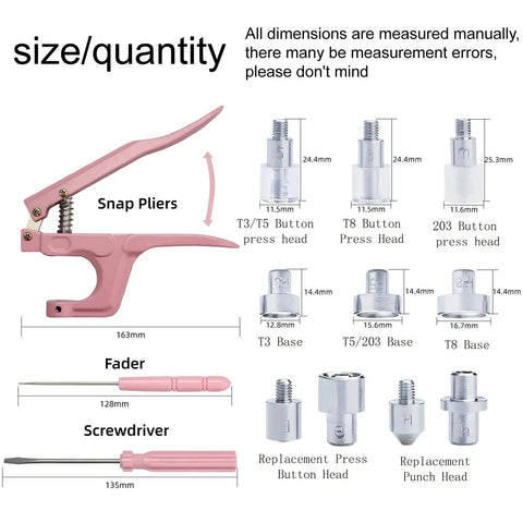 All-In-One Snap Button Set With Pliers Kit For DIY Sewing And Crafting, 300 Plastic And Metal Snaps, Includes 25 Plastic Colors And 5 Metal Colors, Screwdriver And Bases; Snap pliers, fader, screwdriver, press heads, bases, and punch heads displayed with measurements.
