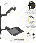 Slick Sit Stand Monitor Arm With Keyboard Tray For Up To 32 Inch Displays, gas spring desk mount with cable management and adjustable arms.