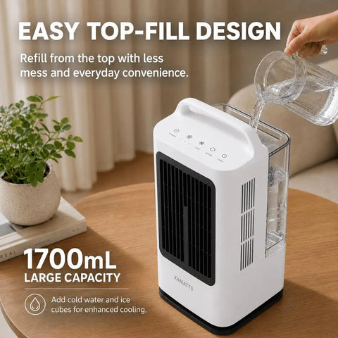 Portable Mini Personal Air Conditioner With Remote, 3 In 1 Evaporative Cooler, showing top-fill design and 1700ml tank.