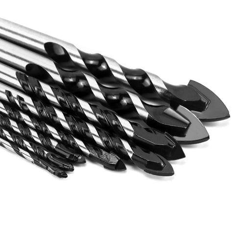 Close-up of QWORK 8-piece multi-material drill bit set; chrome twist bits with tungsten carbide tips.