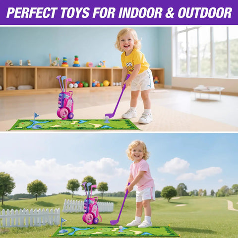 Toddler playing with Toddler Golf Set For Kids Ages 2 To 5 With 4 Plastic Clubs, 8 Soft Balls, Mat, Scoreboard, Bag, Golf Cart Toy Pink