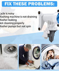 Angled view of white GE washer drain pump and filter assembly with blue impeller.