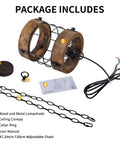 Retro Industrial Round Cage Pendant Light With Metal And Wood Frame, package includes lampshade, chain, and accessories.