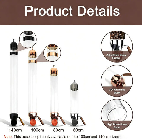 Wall Mounted Coffee Bean Dispenser With Adjustable Flow Valve For Candy Oatmeal And Bulk Tea Storage Clear Glass Jar sizes 140cm, 100cm, 80cm, 60cm.